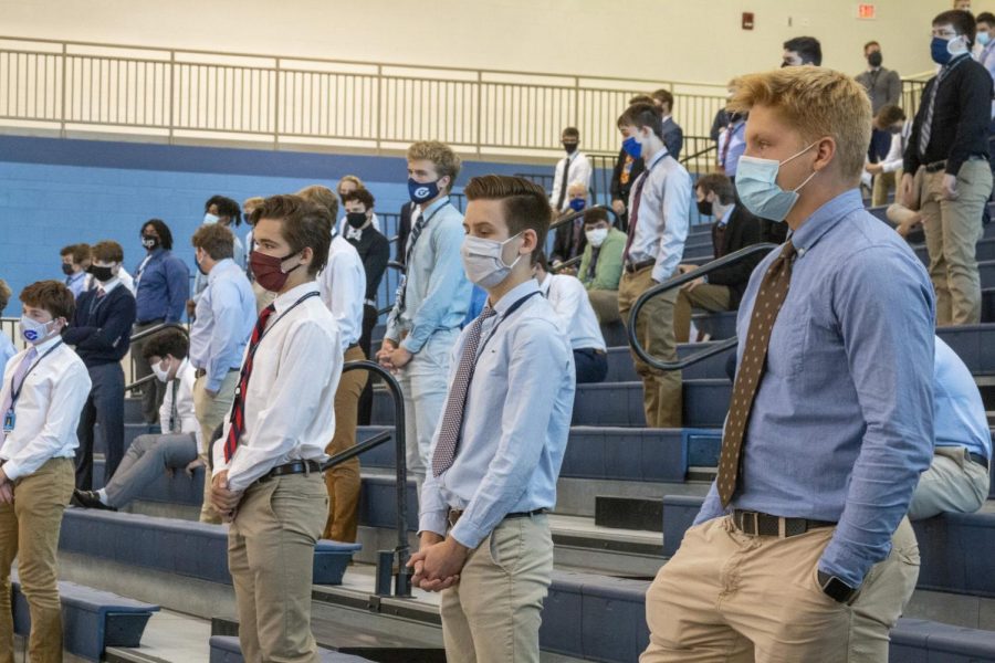 Seniors celebrate the Mass of the Holy Spirit in the Heider Center. Students were spaced out throughout the building for social distancing purposes. 